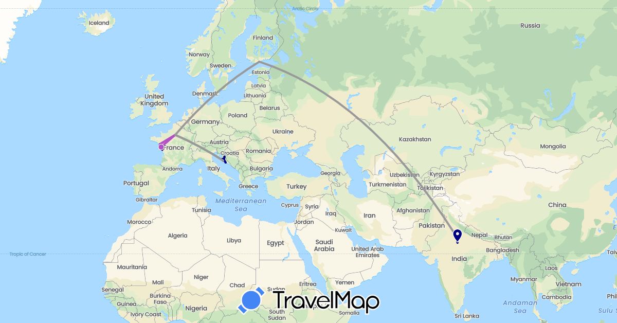 TravelMap itinerary: driving, plane, train in Finland, France, Croatia, India (Asia, Europe)